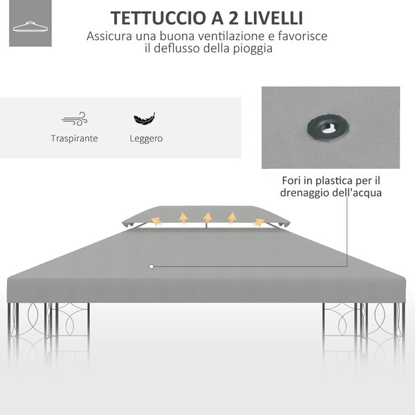 Outsunny Copertura per Gazebo 4x3 m a 2 Livelli in Poliestere con Cinghie e 10 Fori di Drenaggio, Grigio
