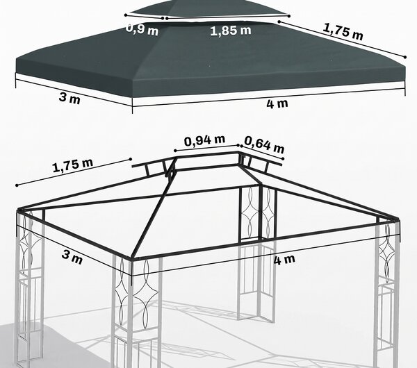 Outsunny Copertura per Gazebo 4x3 m a 2 Livelli in Poliestere con Cinghie e 10 Fori di Drenaggio, Grigio Antracite