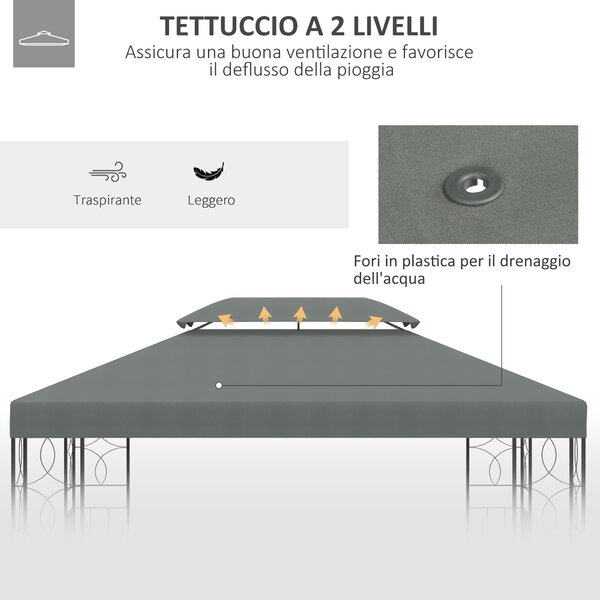 Outsunny Copertura per Gazebo 4x3 m a 2 Livelli in Poliestere con Cinghie e 10 Fori di Drenaggio, Grigio Scuro