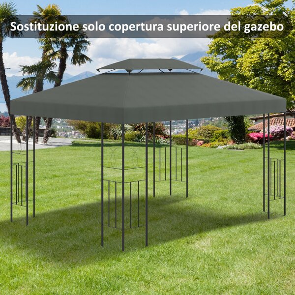 Outsunny Copertura per Gazebo 4x3 m a 2 Livelli in Poliestere con Cinghie e 10 Fori di Drenaggio, Grigio Scuro