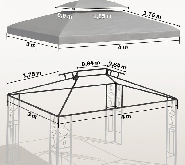 Outsunny Copertura per Gazebo 4x3 m a 2 Livelli in Poliestere con Cinghie e 10 Fori di Drenaggio, Grigio