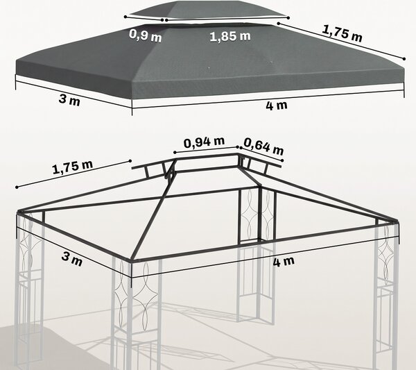 Outsunny Copertura per Gazebo 4x3 m a 2 Livelli in Poliestere con Cinghie e 10 Fori di Drenaggio, Grigio Scuro