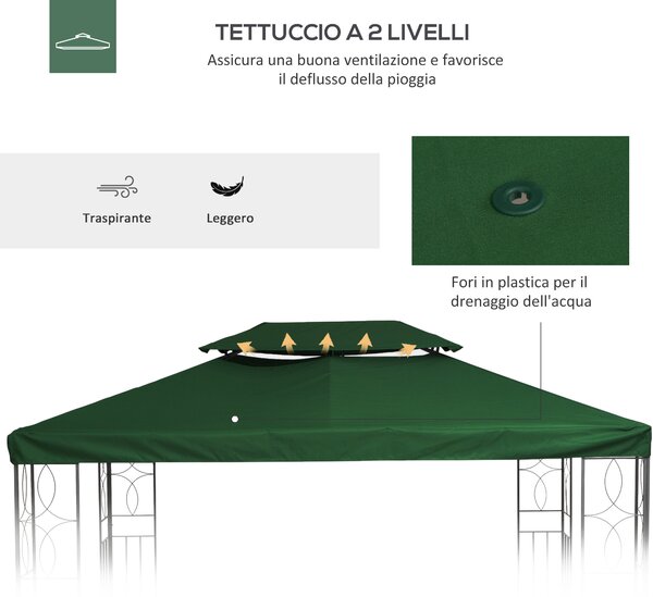 Outsunny Copertura per Gazebo 4x3 m a 2 Livelli in Poliestere con Cinghie e 10 Fori di Drenaggio, Verde