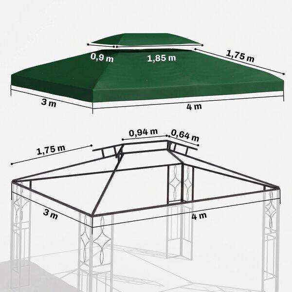 Outsunny Copertura per Gazebo 4x3 m a 2 Livelli in Poliestere con Cinghie e 10 Fori di Drenaggio, Verde
