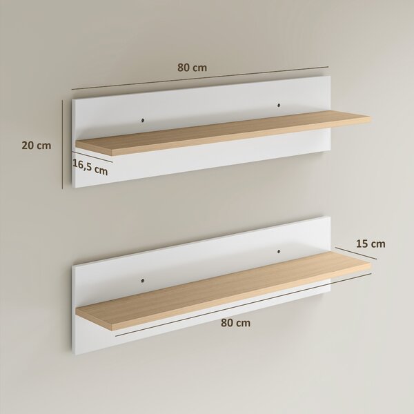 HOMCOM Set 2 Mensole da Parete per Casa e Ufficio in Legno, 80x16.5x20 cm, Bianco e color Legno | Aosom Italy
