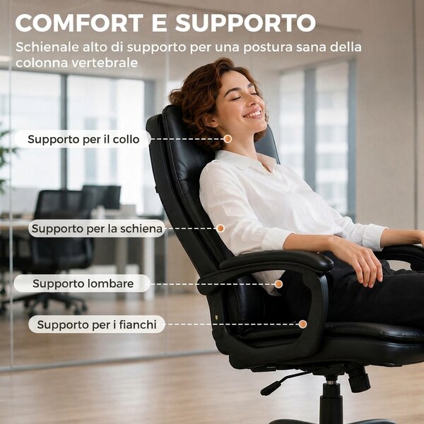 HOMCOM Sedia Ufficio Girevole in Pelle PU, Funzione Dondolo, Schienale Alto, Altezza Regolabile, Capacità 120kg, Nero | Aosom Italy