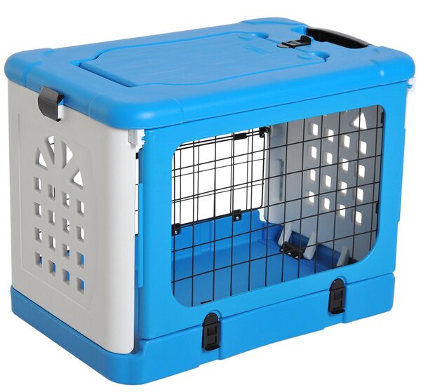 Gabbia Pieghevole per Animali Domestici in Plastica e Acciaio Blu 68x46x53 cm