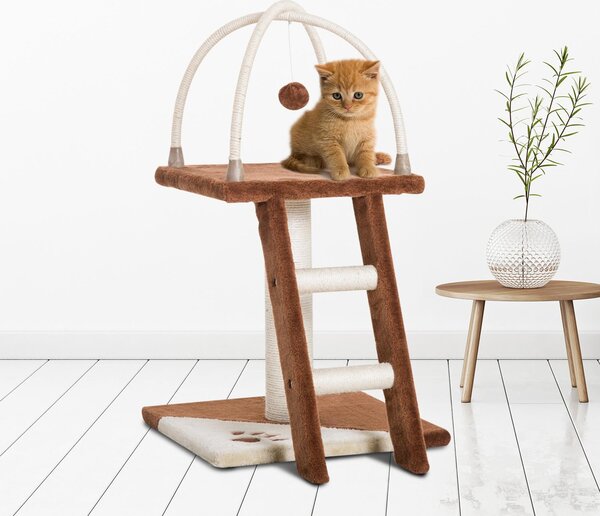 Albero Tiragraffi per Gatti con Scala e Palline in Legno Sisal Marrone e bianco 40x40x70 cm