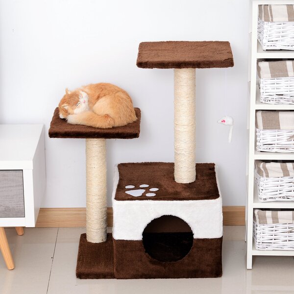 Albero Tiragraffi per Gatti con Topolino Appeso in Peluche Marrone 45x33x70 cm