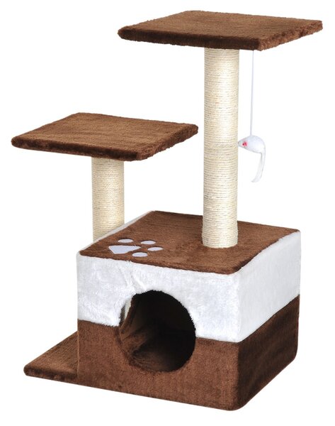 Albero Tiragraffi per Gatti con Topolino Appeso in Peluche Marrone 45x33x70 cm