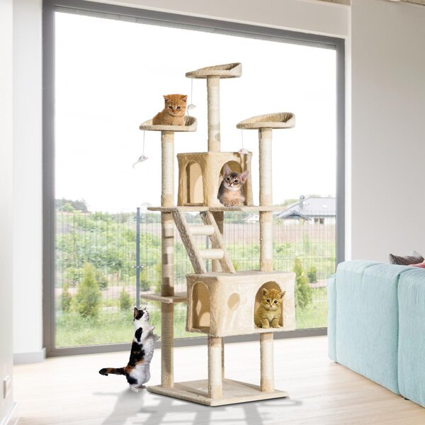 Albero Tiragraffi in Bambù con Morbido Peluche Beige 60x50x180 cm