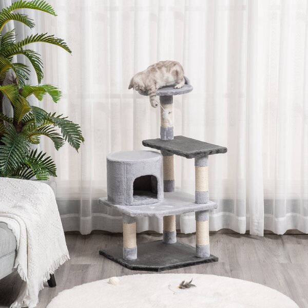 Albero Tiragraffi per Gatti di 3 livelli con Topolino Grigio 48x48x100 cm