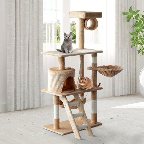 Albero Tiragraffi con Cuccia per Gatti in Legno Naturale Beige 65x39x140 cm