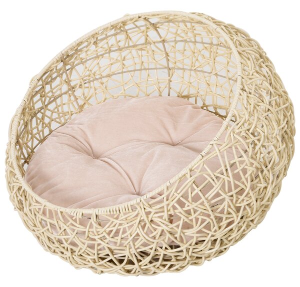 Cuccia in PVC Effetto Rattan per Gatti Ø56x35 cm con Cuscino Beige
