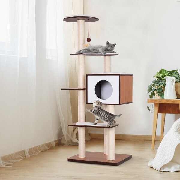 Albero Tiragraffi per Gatti con Cuccia 50x55x153 cm in Corda e Sisal Marrone e Beige