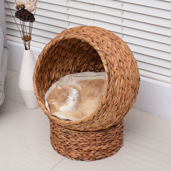 Cuccia in Vimini per Gatti 42x33x52 cm con Cuscino Marrone e Bianco