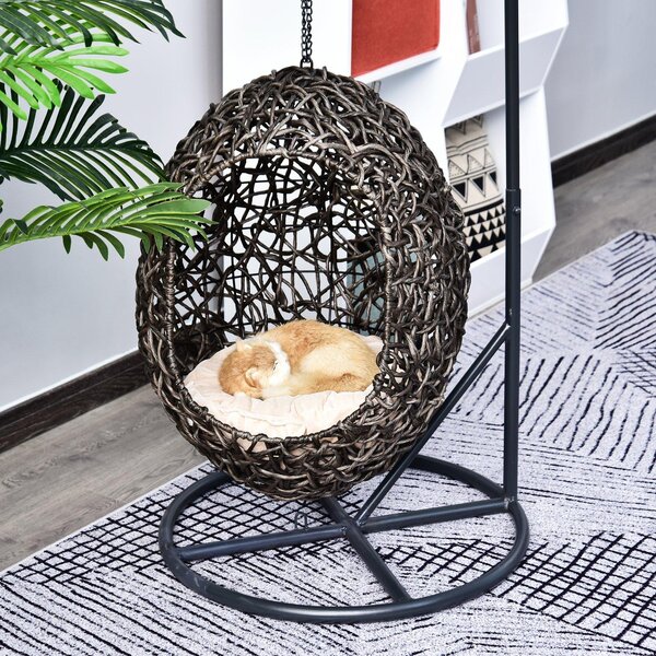 Cuccia Amaca in PVC Effetto Rattan per Gatti Ø60x120 cm con Cuscino Caffè