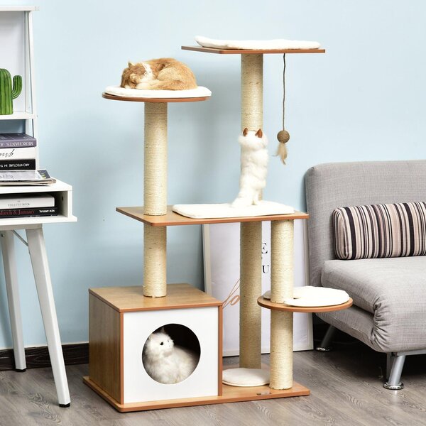 Albero Tiragraffi per Gatti con Cuccia 83x75x120 cm in Corda e Sisal Giallo e Bianco