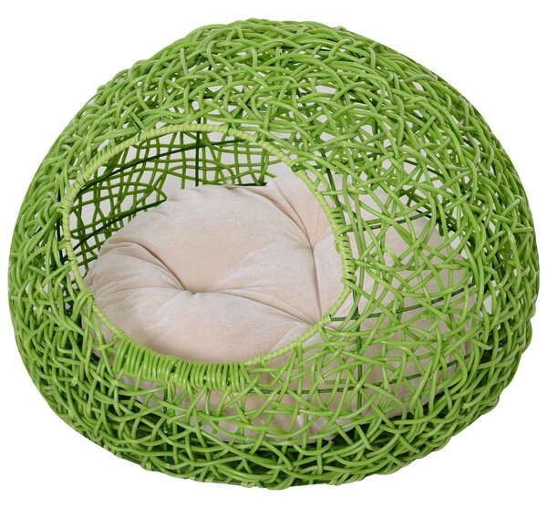 Cuccia in PVC Effetto Rattan per Gatti Ø56x40 cm con Cuscino Verde