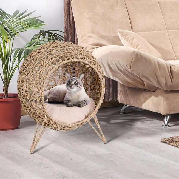 Cuccia in PVC Effetto Vimini per Gatti Ø52x58 cm con Cuscino Marrone Chiaro