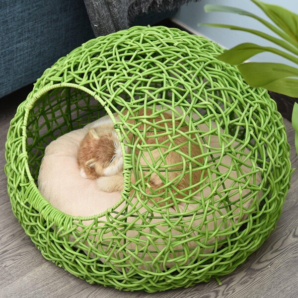 Cuccia in PVC Effetto Rattan per Gatti Ø56x40 cm con Cuscino Verde