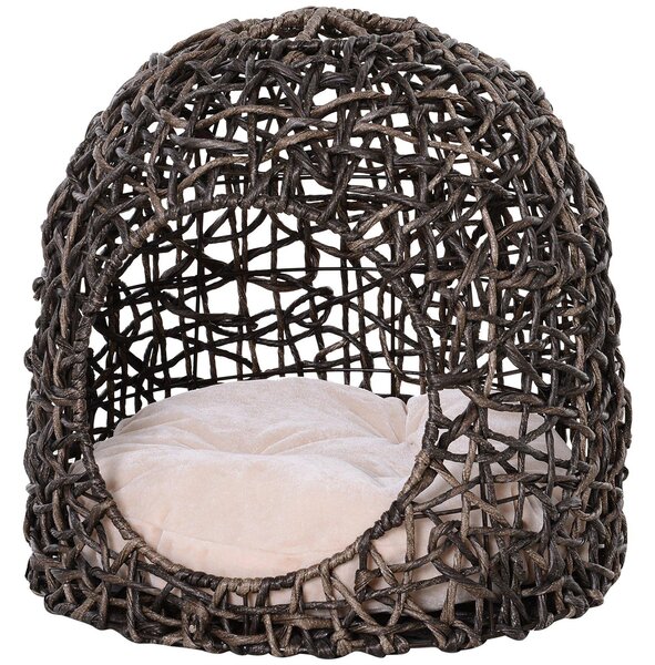 Cuccia in PVC Effetto Vimini per Gatti Ø49x46 cm con Cuscino Marrone