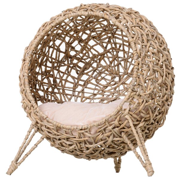 Cuccia in PVC Effetto Vimini per Gatti Ø52x58 cm con Cuscino Marrone Chiaro