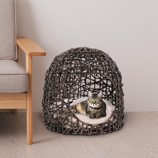 Cuccia in PVC Effetto Vimini per Gatti Ø49x46 cm con Cuscino Marrone