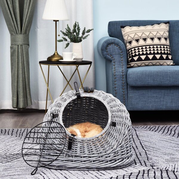 Trasportino in Vimini per Gatti 42x35x37 cm con Cuscino Grigio