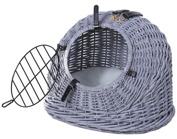 Trasportino in Vimini per Gatti 42x35x37 cm con Cuscino Grigio