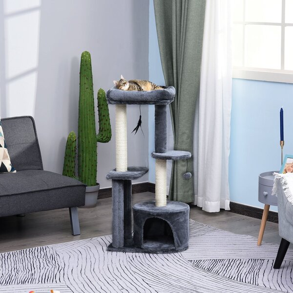 Tiragraffi con Cuccia per Gatti 2 Ripiani 48x35x100 cm in Legno Sisal Bianco e Grigio
