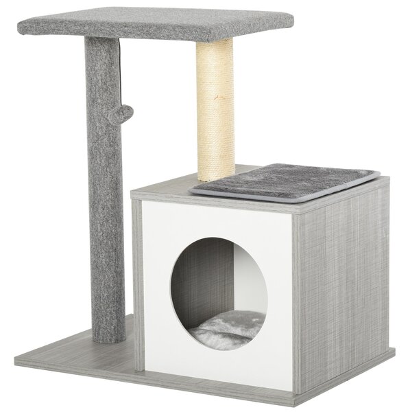Tiragraffi con Cuccia per Gatti in Legno Sisal 59x39x62 cm Grigia