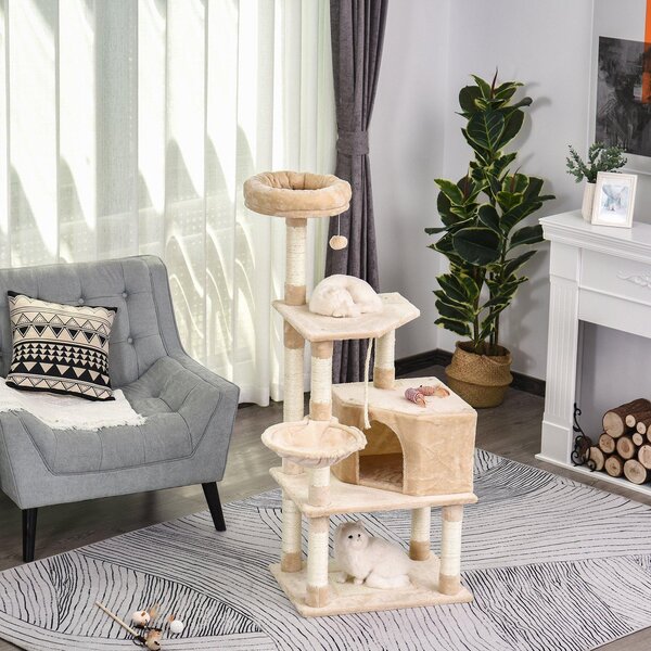 Tiragraffi con Cuccia e Cestino sospeso per Gatti 60x45x134 cm in Peluche Sisal Beige