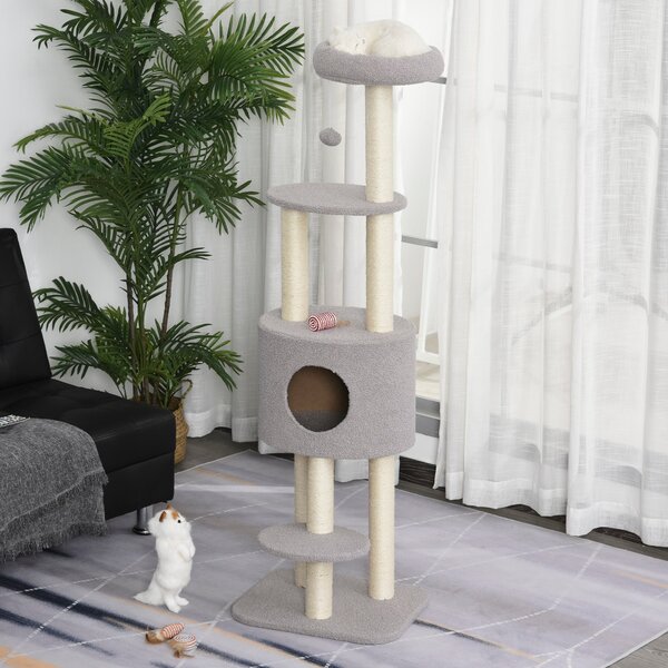 Tiragraffi con Cuccia per Gatti in Legno Sisal 45x40x148 cm Grigio e Beige