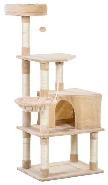 Tiragraffi con Cuccia e Cestino sospeso per Gatti 60x45x134 cm in Peluche Sisal Beige