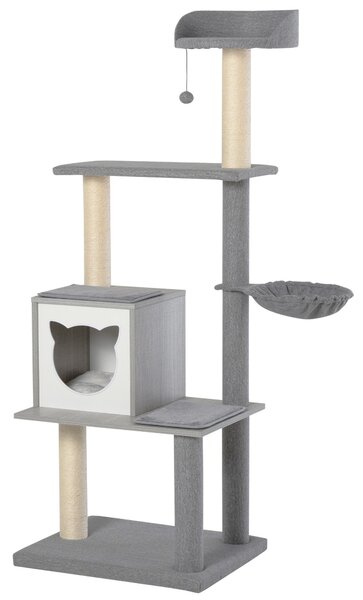 Tiragraffi con Cuccia e Cestino sospeso per Gatti 61x49x160,5 cm in Peluche Sisal Grigio