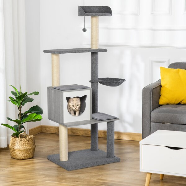 Tiragraffi con Cuccia e Cestino sospeso per Gatti 61x49x160,5 cm in Peluche Sisal Grigio
