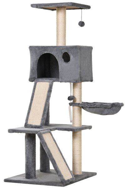 Tiragraffi con Cuccia e Cestino sospeso per Gatti 60x49x130 cm in Peluche Sisal Grigio