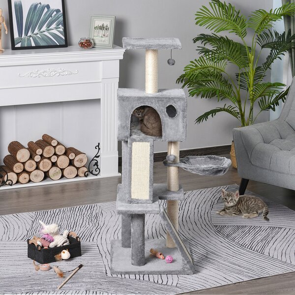 Tiragraffi con Cuccia e Cestino sospeso per Gatti 60x49x130 cm in Peluche Sisal Grigio
