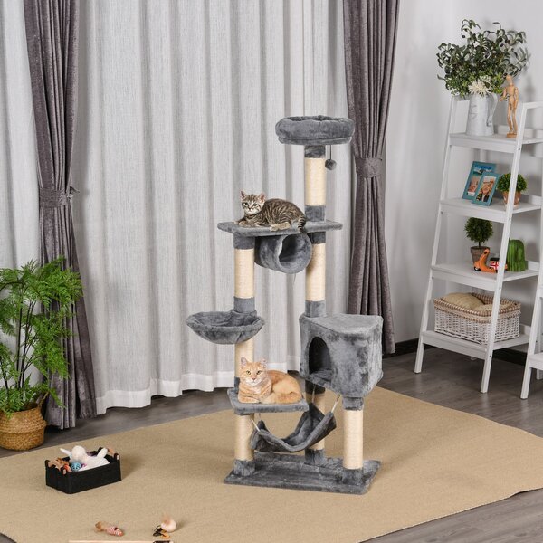 Tiragraffi con Cuccia e Cestino sospeso per Gatti 60x40x154 cm in Peluche Sisal Grigio