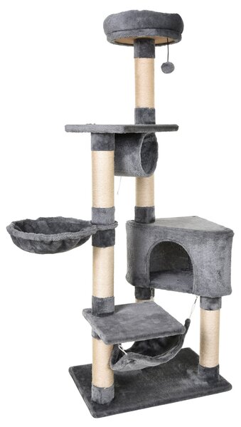 Tiragraffi con Cuccia e Cestino sospeso per Gatti 60x40x154 cm in Peluche Sisal Grigio