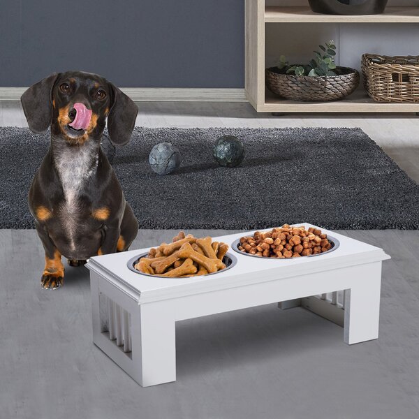 Ciotola per Cani Rialzata 2 Piatti in Acciaio 44x24x15 cm Bianca