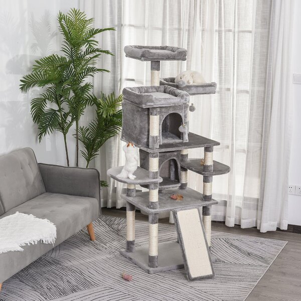 Tiragraffi con 2 Cucce e 2 Casette per Gatti 60x50x168 cm in Peluche Sisal Grigio