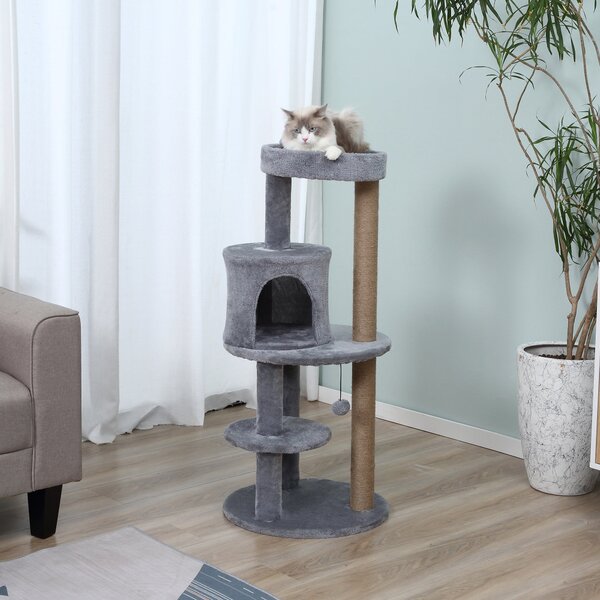 Tiragraffi con Cuccia per Gatti in Legno Sisal 48x48x104 cm Grigio