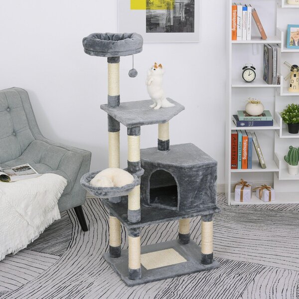 Tiragraffi con Cuccia e Cestino sospeso per Gatti 60x45x134 cm in Peluche Sisal Grigio