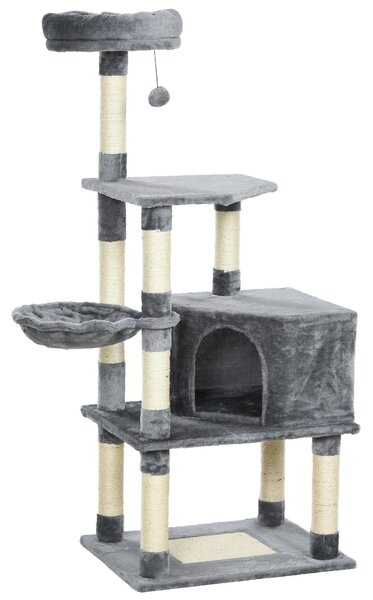 Tiragraffi con Cuccia e Cestino sospeso per Gatti 60x45x134 cm in Peluche Sisal Grigio