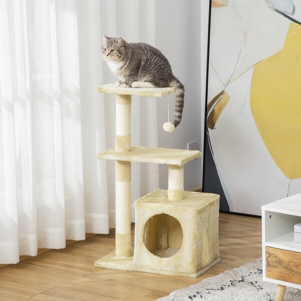 Albero Tiragraffi con Cuccia per Gatti in Legno Sisal 50x30x80 cm Beige