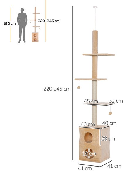 Albero Tiragraffi per Gatti 41x41x240 cm con Corde in Juta Giallo e Bianco