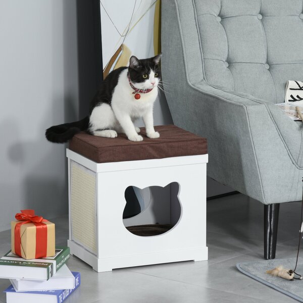 Cuccia per Gatti 41x30x36 cm in Legno con Tiragraffi Bianca