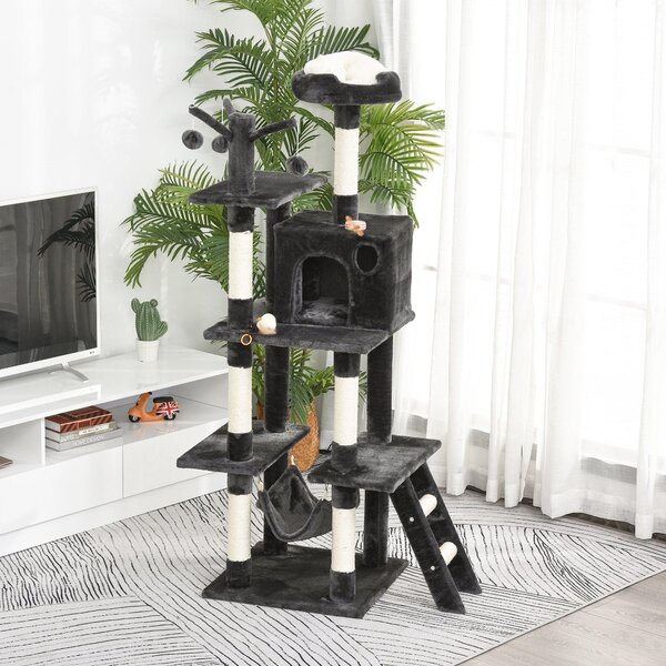 Tiragraffi con 2 Cuccie Amaca e Giochi per Gatti 49x49x155 cm in Peluche Sisal Grigio Scuro